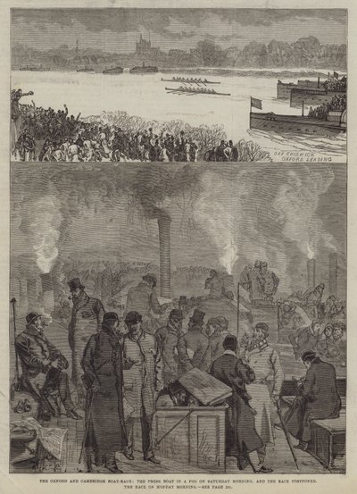 La course de bateaux Oxford et Cambridge, le bateau de presse dans le brouillard le samedi matin, et la course reportée, la course le lundi matin - Sir John Charles Robinson